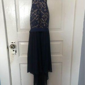 Navy high-low dress with high lace neck